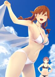  agano_(kantai_collection) anchor_symbol bangs bikini black_bikini blue_sky braid breasts brown_hair cloud collarbone cowboy_shot day female hands_on_hips kantai_collection medium_breasts noshiro_(kantai_collection) outdoors sky smile solo swept_bangs swimsuit towel twin_braids uyama_hajime white_bikini white_towel 