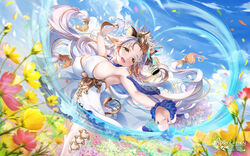  animal_ears bird birdcage breasts cage copyright_name dress female field flower flower_(pride_of_eden) flower_field forehead hair_flower hair_ornament highres horns jewelry large_breasts long_hair multicolored_hair no_panties official_art open_mouth outdoors paint_musume petals photoshop_(medium) red:_pride_of_eden sideboob sky solo tail thighhighs yellow_eyes 