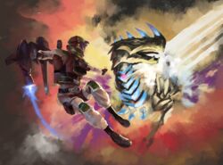  1boy air_raider_(edf) commentary earth_defence_force_5 earth_defense_force erginus explosion flying helmet highres jetpack kaijuu laser laser_pointer_projection laser_sight riki6 