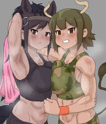  2girls abs absurdres animal_ears arm_around_shoulder arm_around_waist arm_behind_head arm_up armpits aurochs_(kemono_friends) black_hair black_sports_bra breast_press breasts bridle brown_eyes brown_hair brown_thoroughbred_(kemono_friends) camouflage camouflage_sports_bra collarbone cow_ears cow_girl cow_horns dark-skinned_female dark_skin empty_eyes extra_ears green_hair grey_background grin hand_on_another&#039;s_back highres holding holding_towel horizontal_pupils horns horse_ears horse_girl horse_tail japan_racing_association kemono_friends kumasyan1998 large_breasts long_hair looking_at_viewer medium_hair multicolored_hair multiple_girls muscular muscular_female parted_bangs parted_lips pink_towel print_sports_bra simple_background smile sports_bra sportswear steaming_body stomach sweat symmetrical_docking tail tan toned toned_female towel two-tone_hair upper_body 