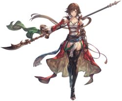  bare_shoulders blue_eyes boots breasts brown_hair cleavage closed_mouth collarbone detached_sleeves female full_body gauntlets granblue_fantasy hair_ornament leona_(granblue_fantasy) lips long_hair looking_at_viewer low_ponytail medium_breasts minaba_hideo naginata official_art pelvic_curtain polearm sash single_gauntlet sleeveless solo standing thigh_boots thighhighs transparent_background very_long_hair weapon 