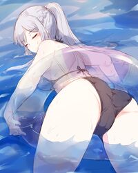  ak-12_(girls&#039;_frontline) ass bare_shoulders bikini black_bikini braid breasts closed_eyes doughnut_innertube female french_braid girls&#039;_frontline grey_hair hair_between_eyes halterneck high_ponytail highres holding holding_swim_ring hourai_kochou innertube large_breasts long_hair lying on_stomach pale_skin partially_submerged smile solo swim_ring swimsuit thighs transparent water 