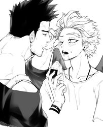  2boys absurdres blush boku_no_hero_academia casual couple endeavor_(boku_no_hero_academia) facial_hair food greyscale hawks_(boku_no_hero_academia) helen_roro highres jewelry male_focus mature_male monochrome multiple_boys necklace onigiri open_mouth scar scar_across_eye scar_on_face shirt short_hair sideburns spiked_hair stubble yaoi 