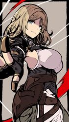  armpits blue_eyes breasts cowboy_shot female fingerless_gloves gloves grace_(granblue_fantasy) granblue_fantasy grey_background highres large_breasts leather_belt light_smile long_hair looking_at_viewer nozomu144 outstretched_arm shaded_face smile solo 