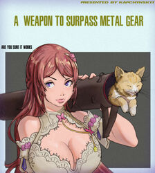  artist_name breasts brown_hair cleavage commentary detached_sleeves dress english_commentary feline female holding holding_rocket_launcher holding_weapon indie_virtual_youtuber kapchynskyi large_breasts long_hair looking_to_the_side metal_gear_(series) nina_saotome nina_saotome_(2nd_costume) purple_eyes rocket_launcher short_sleeves smile solo upper_body v-shaped_eyebrows virtual_youtuber weapon whiskers white_dress 