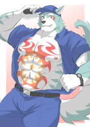  1boy abs absurdres adjusting_clothes adjusting_headwear animal_ears bad_id bad_pixiv_id bara bare_pectorals belt blue_fur bulge chest_tattoo come_hither fangs feet_out_of_frame fluffy furry furry_male highres ioenami large_pectorals large_tail looking_at_viewer male_focus muscular muscular_male navel nipples oguchi_magami open_clothes open_shirt pectorals police police_uniform policeman solo stomach tail tattoo thick_thighs thighs tokyo_afterschool_summoners uniform white_fur wolf_boy wolf_ears 