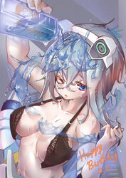  alice_gear_aegis bare_shoulders black_bra blue_eyes blue_hair blush bottle bra breasts collarbone covered_nipples dated dripping english_text female hair_between_eyes happy_birthday headgear holding holding_bottle keyfanjun light_blue_hair long_hair navel nina_kalinina open_bra parted_lips pouring pouring_onto_self solo underwear water wet 