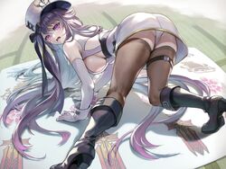  arm_support ass azur_lane black_hair boots breasts coat coat_dress elbow_gloves female gloves hat hat_ribbon highres knee_boots large_breasts long_hair mahos_san padded_coat pamiat_merkuria_(azur_lane) pamiat_merkuria_(retrofit)_(azur_lane) panties playing_games purple_eyes ribbon russian_clothes sideboob thighhighs thighs twister underwear 