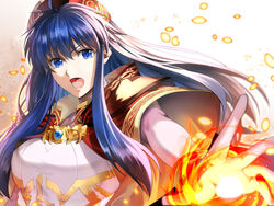  blue_eyes blue_hair delsaber dress elbow_gloves female fire fire_emblem fire_emblem:_the_binding_blade fire_emblem_heroes furrowed_brow gloves lilina_(fire_emblem) lilina_(firelight_leader)_(fire_emblem) long_hair looking_at_viewer open_mouth sidelocks white_dress 