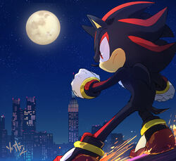  1boy animal_nose bad_id bad_pixiv_id city clenched_hands closed_mouth from_side full_moon furry furry_male gloves male_focus moon msg01 night night_sky outdoors red_eyes serious shadow_the_hedgehog sky sliding solo sonic_(series) sonic_adventure_2 sparks star_(sky) starry_sky urban white_gloves 