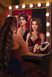  2girls aerith_gainsborough aerith_gainsborough_(red_dress) bare_arms bare_shoulders black_hair black_kimono breasts brilcrist brown_hair collarbone cowboy_shot dress final_fantasy final_fantasy_vii final_fantasy_vii_remake flamenco_dress flower from_behind hair_flower hair_ornament hair_ribbon hair_stick indoors japanese_clothes jewelry kimono long_hair looking_at_mirror looking_at_self madam_m marquee_lights medium_breasts mirror mole mole_under_eye multiple_girls necklace official_alternate_costume parted_bangs pearl_necklace ponytail red_dress red_flower red_ribbon reflection ribbon ringlets sidelocks sitting star_(symbol) star_necklace strapless strapless_dress table vanity_table wavy_hair 