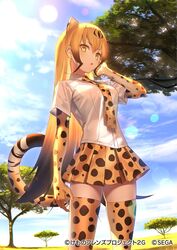  animal_ears brown_hair cheetah_(kemono_friends) cheetah_ears cheetah_print cheetah_tail collared_shirt commentary_request cowboy_shot elbow_gloves extra_ears female gloves hand_in_own_hair kemono_friends kemono_friends_3 kemono_friends_3:_planet_tours long_hair looking_at_viewer mashima_saki_(mashimasa) necktie official_art outdoors pleated_skirt print_gloves print_necktie print_skirt print_thighhighs shirt short_sleeves skirt solo tail thighhighs white_shirt yellow_eyes zettai_ryouiki 