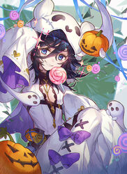  black_hair blue_eyes breasts candy cleavage feet_out_of_frame female food ghost granblue_fantasy halloween halloween_costume highres holding holding_candy holding_food holding_lollipop hood hood_up jack-o&#039;-lantern knees_together_feet_apart lich_(granblue_fantasy) lich_(halloween)_(granblue_fantasy) lollipop official_alternate_costume sharp_teeth sleeves_past_fingers sleeves_past_wrists smile solo soriya teeth 