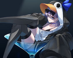  animal_hood bangs bare_shoulders bikini bikini_under_clothes black_bikini black_jacket blue_bow blue_eyes bow breasts closed_mouth cocktail_glass collarbone crossed_legs cup drinking_glass fate/grand_order fate_(series) female greaves hair_between_eyes hood jacket licking_lips long_hair long_sleeves looking_at_viewer meltryllis meltryllis_(swimsuit_lancer)_(fate) oversized_object penguin_hood purple_hair sitting sleeves_past_fingers sleeves_past_wrists small_breasts suigetsu_(hjs1106) sunglasses swimsuit thighs tongue tongue_out very_long_hair 