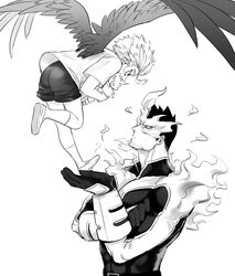  2boys absurdres aged_down bodysuit boku_no_hero_academia character_doll covered_abs endeavor_(boku_no_hero_academia) facial_hair feathered_wings fire flying full_body greyscale hawks_(boku_no_hero_academia) helen_roro highres lolicon male_focus mature_male monochrome multiple_boys muscular muscular_male pectorals short_hair sideburns spiked_hair stubble upper_body vambraces wings 