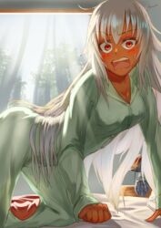  bed blush breasts cleavage clenched_hand dark_skin embarrassed fate/grand_order fate_(series) female green_pajamas grey_hair indian inugami86 lakshmibai_(fate) lamp long_hair looking_at_viewer messy_hair open_mouth pajamas pillow red_eyes solo sweatdrop tree window 