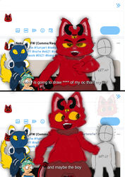  anthro biped cat_demon dialogue domestic_cat e621 english_text esix felid feline felis fur group hi_res humanoid male mammal mascot meme nekoni nekoni_(character) open_mouth red_body red_fur shitpost social_media subtitled teeth text twitter user_avatar 