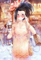  1boy 4girls adjusting_eyewear amicis_(amisic) bad_id bad_pixiv_id bag bakery bird black_eyes black_hair blush boku_no_hero_academia bracelet bread breasts brick_oven cake cake_slice chef chef_hat coffee_mug commentary cup disposable_coffee_cup disposable_cup dress english_commentary food fruit handbag hat highres holding holding_cup jewelry large_breasts long_hair looking_over_eyewear mug multiple_girls oven photoshop_(medium) pigeon pink_dress ponytail red-tinted_eyewear see-through shop shopping_bag short_sleeves solo_focus strawberry sunglasses table tinted_eyewear yaoyorozu_momo 