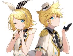  1boy :3 :t black_gloves black_necktie blue_eyes bow checkered_bow checkered_clothes cheek_squash commentary dress epaulettes female gloves hairband hairbow half_gloves hat heart idol kagamine_len kagamine_rin looking_at_viewer mini_hat mini_top_hat more_more_jump!_(project_sekai) more_more_jump!_len more_more_jump!_rin necktie one_eye_closed project_sekai shimada71_72 shirt simple_background sleeveless sleeveless_dress smile top_hat upper_body vocaloid white_background white_bow white_dress white_hairband white_shirt 