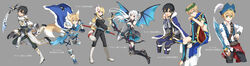  2girls 5boys absurdres albino alice_zuberg alternate_eye_color alternate_hair_color alternate_weapon animal_ears anklet arrow_(projectile) asuna_(sao) black_hair black_legwear black_pants blonde_hair blue_cape blue_pants blue_vest blue_wings boots bow_(weapon) breasts cape character_name closed_mouth collarbone collared_shirt cosplay crop_top demon_girl demon_wings dress_shirt eugeo feathers floating_hair fox_ears fox_tail fur-trimmed_cape fur_trim green_eyes grey_background grey_pants hair_between_eyes hat hat_feather head_wreath highres holding holding_arrow holding_bow_(weapon) holding_sword holding_weapon jewelry kirito kitagawa_yuusuke kitagawa_yuusuke_(cosplay) knee_boots long_hair looking_at_viewer medium_breasts miniskirt multiple_boys multiple_girls official_alternate_costume open_clothes open_shirt open_vest pants persona persona_5 pirate pirate_hat pleated_skirt red_eyes shirt short_hair shoura sitting skirt smile sword sword_art_online sword_art_online:_alicization sword_art_online:_memory_defrag tail thigh_boots very_long_hair vest weapon white_feathers white_hair white_shirt wing_collar wings 