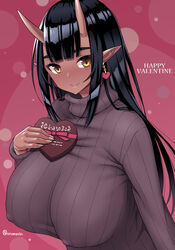  blush breasts brown_sweater covered_nipples dark-skinned_female dark_skin earrings female happy_valentine heart heart_earrings horns jewelry large_breasts oerba_yun_fang oni onomeshin original pointy_ears ribbed_sweater signature skin-covered_horns smile solo sweater turtleneck turtleneck_sweater valentine yellow_eyes 