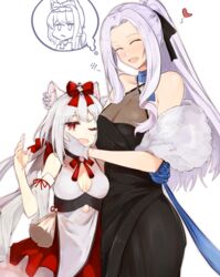  2girls :d ^_^ animal_ear_fluff animal_ears arm_ribbon azur_lane bare_shoulders black_dress black_ribbon blush bow breasts cat_ears cleavage closed_eyes collarbone commentary_request cowboy_shot detached_sleeves dress dress_flower drunk feather_boa gloves grey_hair hair_between_eyes hair_ribbon hairbow halter_dress halterneck hammann_(azur_lane) head_hug heart highres jewelry large_breasts long_hair marshall_k medium_breasts multiple_girls neck_ribbon necklace official_alternate_costume one_eye_closed open_mouth parted_bangs ponytail red_bow red_eyes ribbon sidelocks simple_background sleeveless sleeveless_dress smile squeans standing tassel thought_bubble twintails very_long_hair white_background white_dress white_gloves white_hair wide_sleeves yorktown_(azur_lane) yorktown_(evening_i_can&#039;t_remember)_(azur_lane) yukikaze_(azur_lane) yukikaze_(winter&#039;s_snowy_wind)_(azur_lane) 