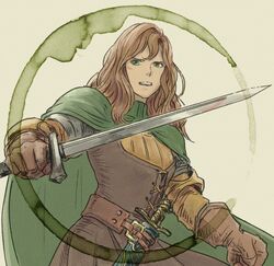  beige_background belt brown_hair cloak female film_grain final_fantasy final_fantasy_tactics gloves green_cloak green_eyes holding holding_weapon long_hair milleuda_folles open_mouth painting_(medium) scabbard sheath sheathed simple_background solo sword teeth traditional_media turtleneck upper_teeth_only watercolor_(medium) weapon windcaller 