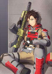  1boy assault_rifle brown_eyes brown_hair cigarette commentary_request earth_defence_force_5 earth_defense_force gloves gun helmet maku_ro male_focus military military_uniform ranger_(edf) rifle sitting soldier solo uniform unworn_headwear unworn_helmet weapon 