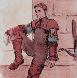  1boy argath_thadalfus armor boots brick brick_wall brown_footwear brown_hair character_request crossbow film_grain final_fantasy final_fantasy_tactics grass male_focus painting_(medium) pauldrons red_eyes red_theme shoulder_armor sitting solo traditional_media turtleneck vambraces watercolor_(medium) weapon windcaller 