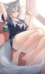  absurdres animal_ears bad_id bad_pixiv_id barefoot black_shirt black_shorts blue_eyes blush commentary_request curtains dolphin_shorts eating feet female food fox_ears fox_girl fox_tail grey_hair heterochromia highres holding holding_food indoors kemomimi_refle! knees_up looking_at_viewer lying multicolored_hair on_back on_bed pallad pocky red_hair ronomiya_hinagiku shirt short_shorts short_sleeves shorts solo streaked_hair t-shirt tail thighs two-tone_hair virtual_youtuber window yellow_eyes 