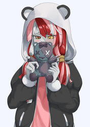  absurdres alternate_costume alternate_hairstyle animal_hood arms_up black_jacket blue_background blush colored_skin commentary_request covering_own_mouth female grey_hair grey_skin hair_between_eyes heterochromia highres holding holding_stuffed_toy hololive hololive_indonesia hood jacket kureiji_ollie long_hair long_sleeves low_twintails multicolored_hair multicolored_skin open_clothes open_jacket partial_commentary patchwork_skin pink_hair pink_shirt raeis red_eyes red_hair shirt simple_background solo standing stitched_face stitches stuffed_animal stuffed_toy tareme teddy_bear twintails two-tone_skin udin_(kureiji_ollie) upper_body virtual_youtuber white_hood white_skin yellow_eyes zombie 