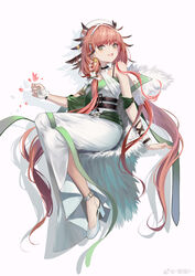  :d absurdres arknights bare_shoulders beret chinese_commentary cigarette_p commentary_request dress erato_(arknights) female grey_eyes hair_wings hat high_heels highres invisible_chair long_hair looking_at_viewer open_mouth pink_hair simple_background sitting smile solo spaghetti_strap very_long_hair white_background white_dress white_footwear white_hat 