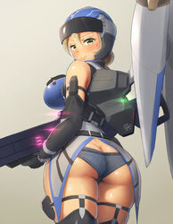  ass blonde_hair blush breasts butt_crack commentary earth_defence_force_5 earth_defense_force elbow_gloves female gloves green_eyes helmet jetpack large_breasts looking_at_viewer looking_back maku_ro short_shorts shorts simple_background skindentation solo thighhighs weapon wing_diver 