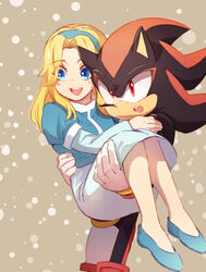  1boy :d animal_nose bad_id bad_pixiv_id blonde_hair blue_dress blue_eyes blue_footwear blue_hairband blush carrying dress female furry furry_male furry_with_non-furry gloves hairband highres interspecies long_hair maria_robotnik msg01 open_mouth princess_carry red_eyes shadow_the_hedgehog smile sonic_(series) straight white_gloves 