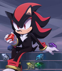  1boy arm_support bad_id bad_pixiv_id chaos_emerald closed_mouth furry furry_male gem gloves holding holding_gem male_focus msg01 red_eyes shadow_the_hedgehog sitting solo sonic_(series) white_gloves 