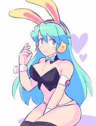  android animal_ears aqua_hair black_thighhighs blue_eyes breasts charu_(saru_getchu) cleavage closed_mouth fake_animal_ears female headphones long_hair looking_at_viewer navel rabbit_ears robot_ears saru_getchu saru_jia simple_background smile solo thighhighs white_background 