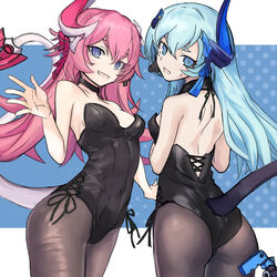  2girls :d ass back backless_leotard black_legwear black_leotard blue_background blue_eyes blue_hair breasts cleavage hair_between_eyes highres honkai_(series) honkai_impact_3rd horns leotard liliya_olenyeva looking_at_viewer looking_back multiple_girls oerba_yun_fang open_mouth pantyhose pink_hair playboy_bunny rozaliya_olenyeva siblings single_horn sisters sleeveless smile strapless strapless_leotard tail thick_eyebrows twins uruzu waving 