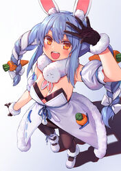  :d animal_ear_fluff animal_ears bare_shoulders black_leotard black_pantyhose blue_hair blush braid breasts bridal_garter carrot_hair_ornament cleavage coat coat_dress don-chan_(usada_pekora) dress female food-themed_hair_ornament from_above full_body fur-trimmed_coat fur_scarf fur_trim hair_ornament highres hikimayu hololive kyou-chan leotard leotard_under_clothes long_hair looking_at_viewer mary_janes medium_breasts multicolored_hair open_mouth orange_eyes pantyhose playboy_bunny rabbit_ears scarf shadow shoes short_eyebrows sidelocks smile solo strapless strapless_dress strapless_leotard swept_bangs teeth thick_eyebrows twin_braids twintails two-tone_hair upper_teeth_only usada_pekora usada_pekora_(1st_costume) virtual_youtuber waving white_background white_coat white_footwear white_hair white_scarf 