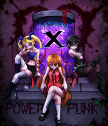  3girls berserk_(ppg) black_hair black_skirt black_tank_top blonde_hair blouse blue_bow blue_eyes blue_tank_top boots bow bracelet brat_(ppg) brute_(ppg) commentary_request crossed_arms crossed_legs earrings english_text eyes_visible_through_hair fishnet_legwear fishnets green_eyes hair_ribbon hairbow high_heel_boots high_heels highres jewelry long_hair looking_at_viewer mary_janes multiple_girls navel photoshop_(medium) powerpuff_girls ray-k red_eyes red_hair red_ribbon red_shirt red_skirt ribbon shirt shoes short_hair sitting skirt sleeveless socks spiked_belt spiked_bracelet spikes stuffed_toy tank_top teeth thighhighs tongue tongue_out twintails white_legwear 