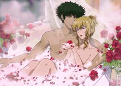  1boy absurdres bathing bathtub blonde_hair commission couple cowboy_bebop female flower highres julia_(cowboy_bebop) lipstick makeup mixed-sex_bathing naozi nude petals rose rose_petals second-party_source shared_bathing spike_spiegel straight 