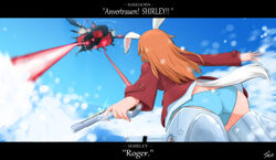  absurdres animal_ears ass blazer breasts butt_crack charlotte_e._yeager female flying from_behind gun handgun highres jacket kukoroko large_breasts long_hair m1911 neuroi orange_hair panties rabbit_ears rabbit_girl rabbit_tail red_jacket shiny_skin skindentation sky strike_witches striker_unit tail underwear weapon white_panties world_witches_series 