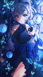  absurdres bad_id bad_pixiv_id bare_shoulders blue_butterfly blue_dress blue_eyes blue_hair bug butterfly collared_dress cross cross_earrings cup dress earrings female girls&#039;_frontline hair_between_eyes hair_ribbon heterochromia highres holding holding_cup jewelry long_hair looking_at_viewer mdr_(cocktail_observer)_(girls&#039;_frontline) mdr_(girls&#039;_frontline) official_alternate_costume open_mouth ponytail purple_eyes ribbon sidelocks sleeveless sleeveless_dress solo swept_bangs wine_(2148_wine) 