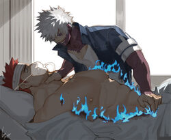  2boys abs asphyxiation bandages bare_pecs bed blue_fire boku_no_hero_academia burning burning_clothes choking dabi_(boku_no_hero_academia) evil_smile facial_hair fire gomtang hospital_bed large_pectorals male_focus mature_male multiple_boys muscular muscular_male nipples red_hair scar scar_across_eye short_hair sideburns smile spiked_hair stubble tears todoroki_enji toned toned_male white_hair window 