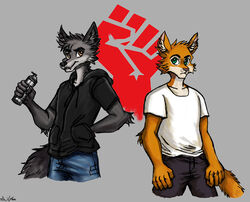  adam_grimwald_(domus_vocis) anthro arms_bent black_bottomwear black_clothing black_hoodie black_pants black_topwear bottomwear canid canine canine_tail canis clothed clothing container denim denim_bottomwear denim_clothing digital_drawing_(artwork) digital_media_(artwork) domestic_cat duo felid feline feline_tail felis fingers fist fist_pump fully_clothed fur green_eyes grey_background grey_body grey_fur grin hair hand_in_pocket hands_on_legs hands_on_own_legs hands_on_own_thighs hands_on_thighs hi_res holding_container holding_object holding_spray_can hoodie inner_ear_fluff jeans looking_at_another looking_at_viewer lowell_(domus_vocis) male mammal orange_body orange_eyes orange_fur paint pants pockets portrait raised_hand rebellion shirt simple_background smile spray_can spray_paint standing tabby_cat tabby_fur thelivingshadow three-quarter_portrait topwear touching_legs touching_own_legs touching_own_thighs touching_thighs tuft white_clothing white_shirt white_topwear wolf 