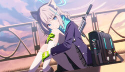  animal_ear_fluff animal_ears assault_rifle bag black_skirt blue_archive blue_eyes blue_jacket blue_scarf cross_hair_ornament female gloves grass green_gloves grey_hair guard_rail gun hair_ornament halo highres hugging_own_legs ikawa_waki jacket kneehighs medium_hair mismatched_pupils outdoors parted_lips plaid plaid_skirt pleated_skirt rifle scarf school_uniform shiroko_(blue_archive) shoes sig_556 sig_sauer sitting skirt sky sneakers socks solo striped_clothes striped_scarf weapon white_socks wolf_ears 