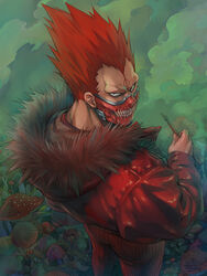  1boy arkuny artist_name black_eyes brown_pants canine dorohedoro en_(dorohedoro) foreshortening fur_trim highres jacket kikurage_(dorohedoro) kiseru long_sleeves looking_at_viewer male_focus mask mushroom pants red_hair red_jacket smoke smoking_pipe spiked_hair standing striped_clothes striped_pants teeth twitter_username 