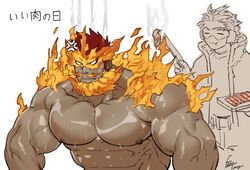  2boys bara barbecue beard boku_no_hero_academia facial_hair fire frown gomtang hawks_(boku_no_hero_academia) large_pectorals male_focus mature_male moustache multiple_boys muscular muscular_male nipples red_hair short_hair sideburns spiked_hair stubble sweat todoroki_enji upper_body 