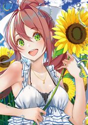  :d bare_shoulders collarbone commentary day doki_doki_literature_club dress english_commentary female flower green_eyes hair_between_eyes hair_ribbon holding holding_flower jewelry long_hair looking_at_viewer monika_(doki_doki_literature_club) musical_note_necklace open_mouth outdoors pendant ponytail ribbon sleeveless sleeveless_dress smile solo sunflower teeth upper_body upper_teeth_only water white_dress white_ribbon xhunzei 