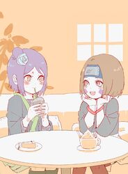  2girls :d aged_down blush_stickers bracelet brown_hair cake cup drink facial_mark flower food forehead_protector hair_flower hair_ornament hands_on_own_face highres holding holding_cup holding_drink jewelry konan_(naruto) konohagakure_symbol looking_at_another meitarou multiple_girls naruto naruto_(series) naruto_shippuuden nohara_rin open_mouth orange_eyes purple_hair short_hair sitting smile table 