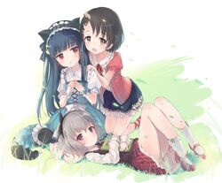  3girls :d animal_ears black_cat black_hair blue_hair blunt_bangs blush book commentary dark_blue_hair fake_animal_ears falling_leaves feline flower frilled_hairband frills grass grey_hair hair_flower hair_ornament hairband hands_on_another&#039;s_shoulders highres holding holding_book hugging_book hugging_object idolmaster idolmaster_cinderella_girls kneeling knees_up lap_pillow leaf lolita_fashion long_hair looking_at_another looking_at_viewer lying multiple_girls narumiya_yume nimura_yuuji on_back own_hands_together panties pero_(idolmaster_cinderella_girls) petticoat puffy_short_sleeves puffy_sleeves red_eyes sajo_yukimi sasaki_chie short_hair short_sleeves simple_background smile straight_hair underwear very_long_hair white_panties 